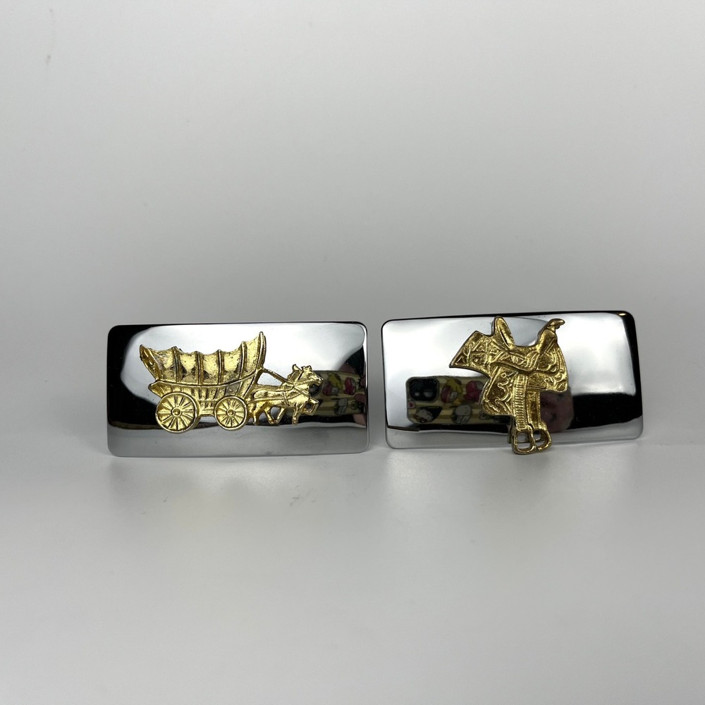2 Vtg Western Belt Buckles Covered Wagon Saddle Silver Gold Tone Country Lot EUC